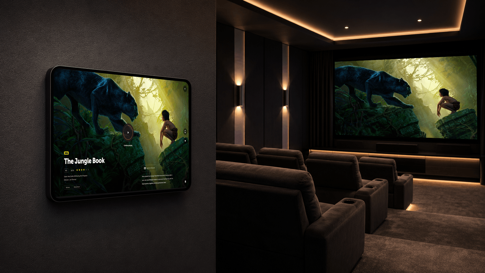 Home cinema with a wall-mounted touch panel showing the film on the screen